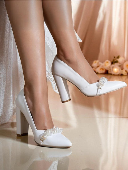 Women's White Pearl Block Pumps Heel Decor