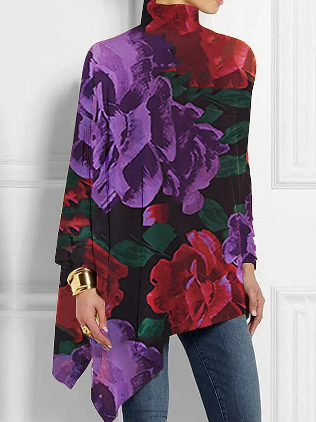 Women's T Shirt Floral Fashion Long Sleeve High Neck Long