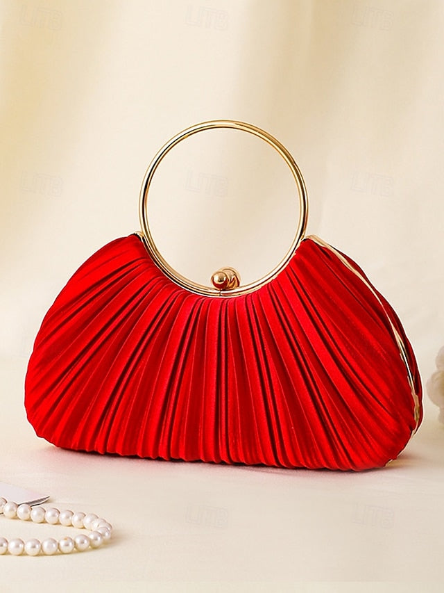 Gold Clutch Velvet Handle with Pleated - Elegant Ring Green