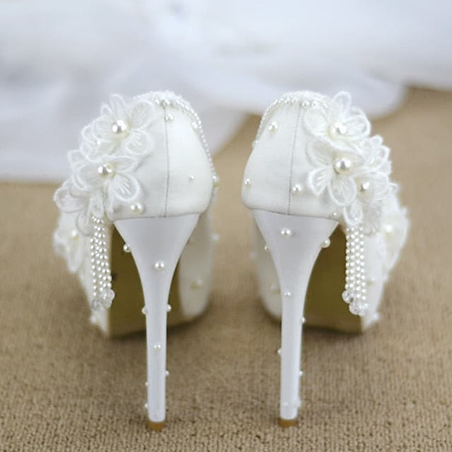 Lace Heels Platform with White Floral Women's Wedding