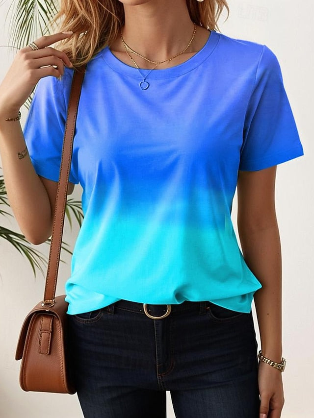 Women's T shirt Casual Ombre Round Neck Yellow Red Gradient