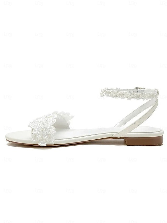 Open-Toe Flats Sandals Block with Straps Floral Lace White Ankle