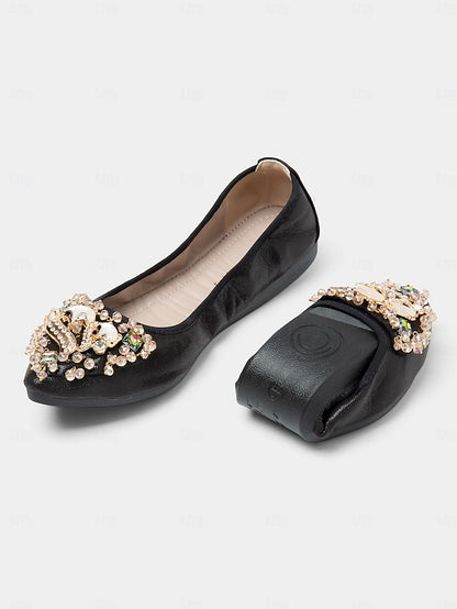 with Foldable Women's Black Ballet Flats Rhinestone