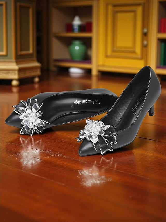 Crystal Shoes Women's Bow Low White Heel with Wedding