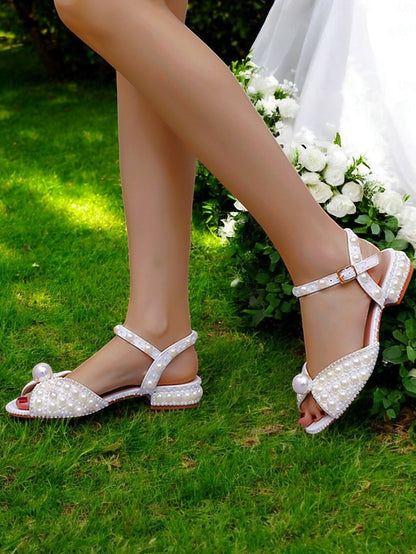 Low White Heel – Pearl-Embellished Sandals Women's