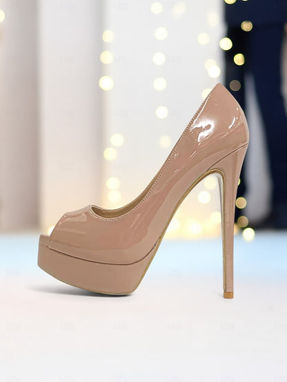 Black High Peep Leather Heels Patent Platform Toe Women's