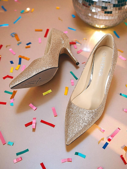 Gold Women's Pointed-Toe Pumps - Sparkly Glitter Stiletto