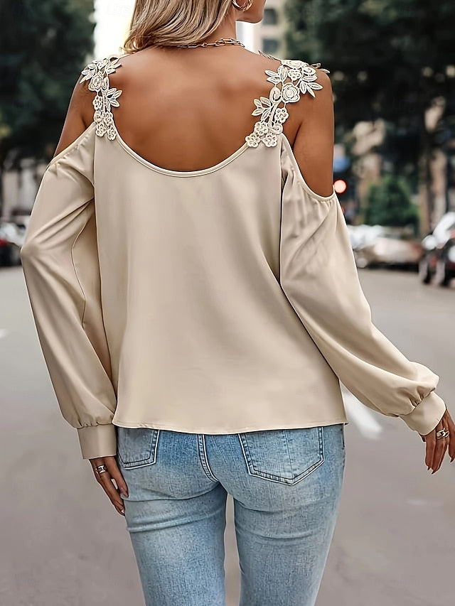 Women's Cold Shoulder Tops Patchwork Embroidered Floral