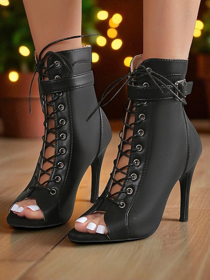 Booties High Black Heel Peep Toe - Stiletto Women's Lace-Up
