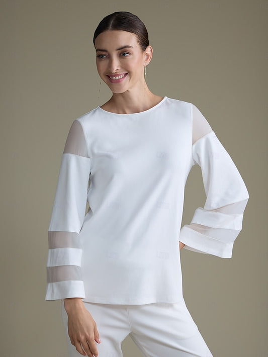 Women's Elegant White Modal Top Fitted with Sheer Chiffon