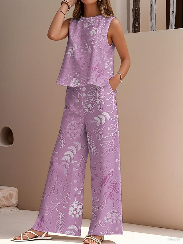 Women's Pants Sets Faux Cotton Linen Sleeveless Crew Neck