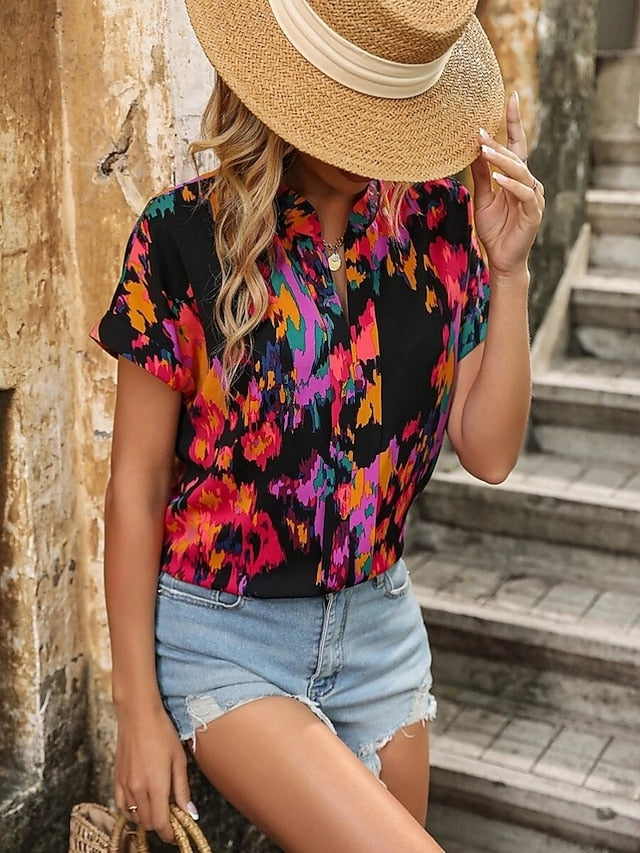 Women's Blouse Print Floral Stylish Casual Short Sleeve V