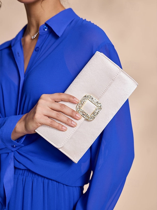 Buckle Women's Satin with Rhinestone Elegant White Clutch -