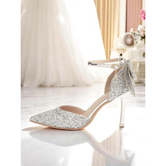 Silver - Women's Toe Sparkly Heels Glitter Bow Pointed