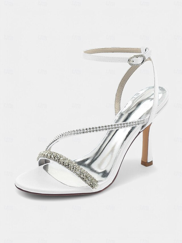 Champagne Rhinestone Satin Heels Sophisticated Strappy –