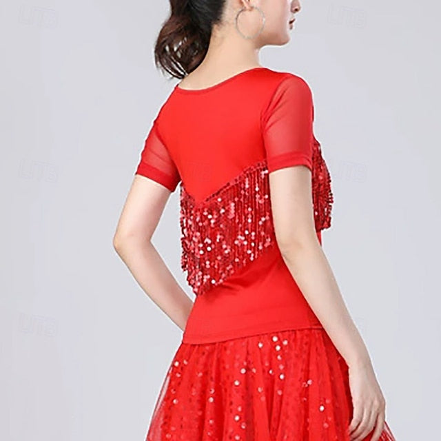 Latin Dance Top Tassel Pure Color Splicing Women's