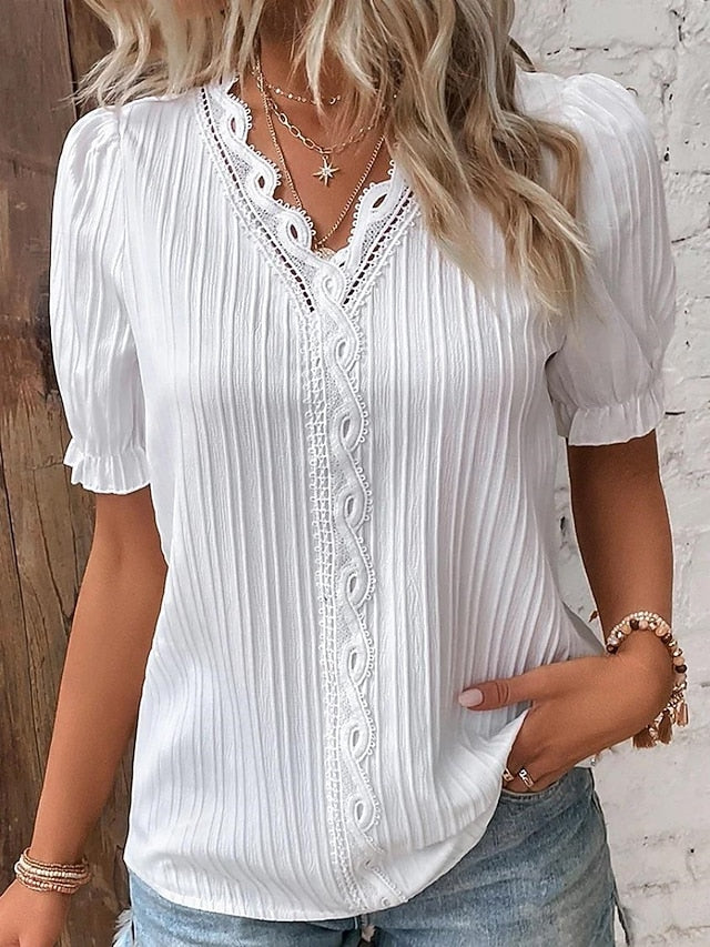 Women's Blouse Lace Tops Lace Patchwork Solid Color Stylish