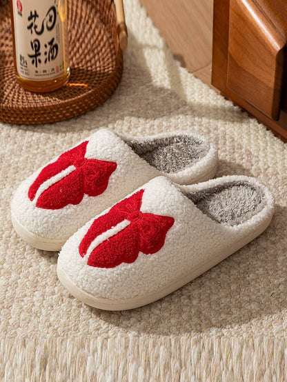 and - Soft with Red Slippers Design Bowknot White Women's