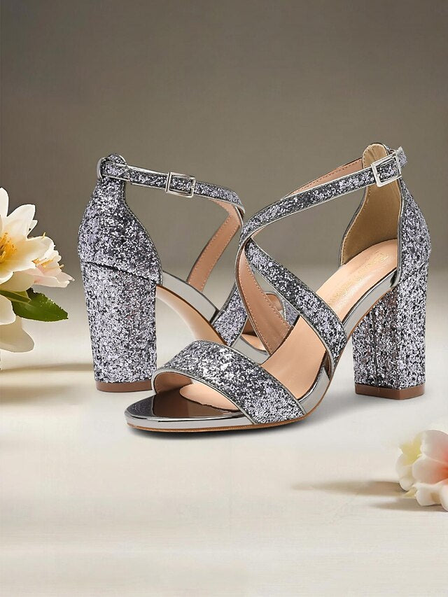 Gold Glitter Women's Heel Sandals Block