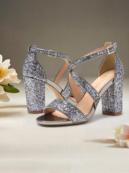 Gold Glitter Women's Heel Sandals Block