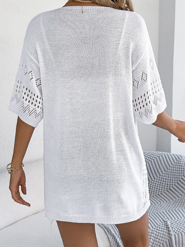 Women's Shirt Tunic Blouse Eyelet top Hollow Out Plain