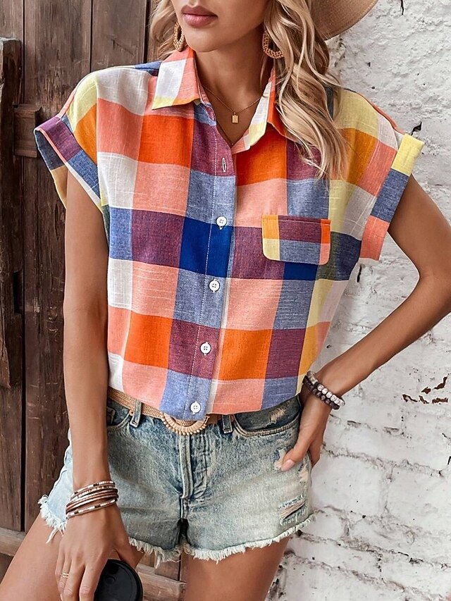 Women's Blouse Buttons Print Plaid Stylish Casual Short