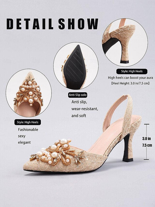 - Slingback Detailing Satin Pearl Women's Heels with Black