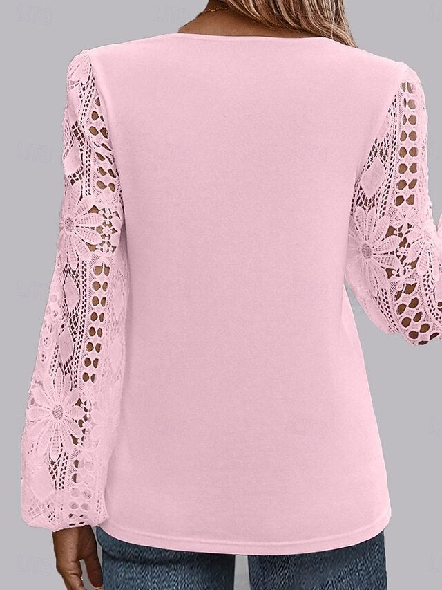 Women's White Elegant Lace Tops Eyelet Blouse Casual Solid