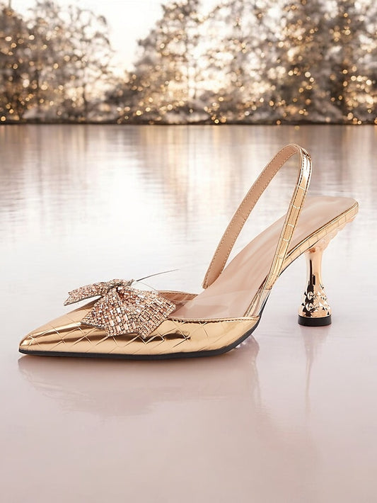 Detail Gold Bow Slingback Quilted with - Heels Women's