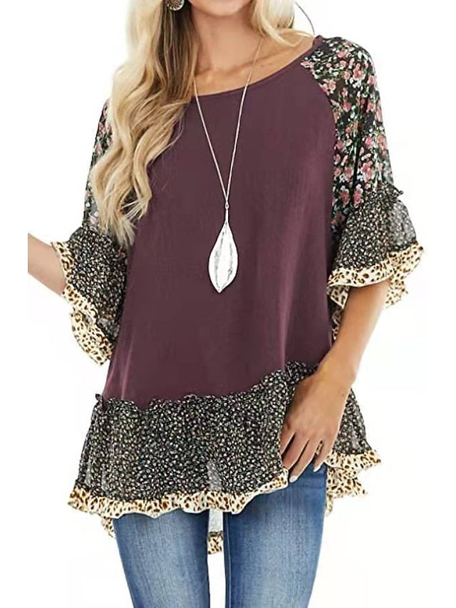 Women's Shirt Boho Shirt Tunic Blouse Ruffle Print Flowing