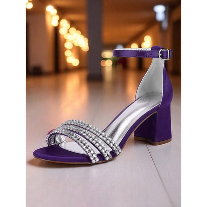 with Purple Satin Heel Women's Rhinestone Block Sandals