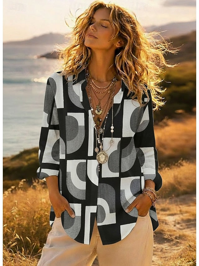 Women's Geometric Print Lapel Button Down Shirt Long Sleeve