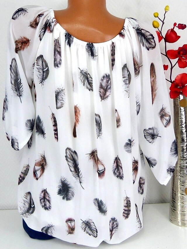 Women's Bohemian Blouse Feather Print Long Sleeve V-Neck