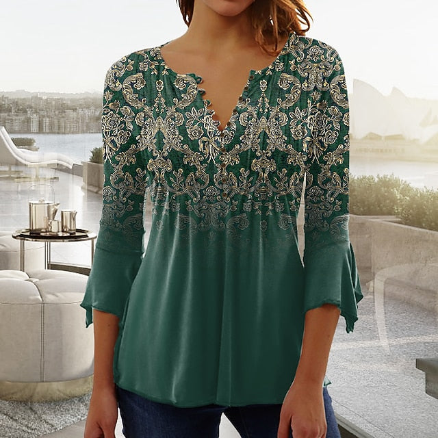 Women's T shirt Long Sleeve Henley T Shirt Blouse Floral