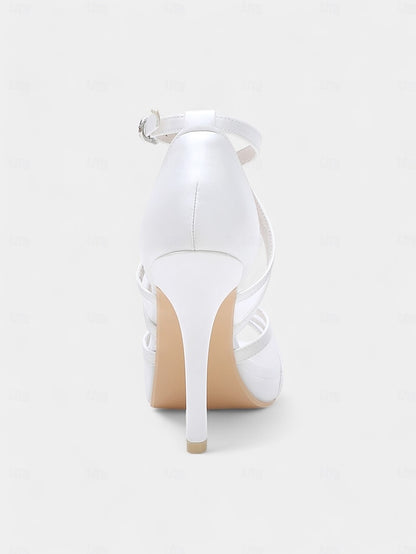 with Straps Satin White Sandals - Perfect Cross Bridal High Heel