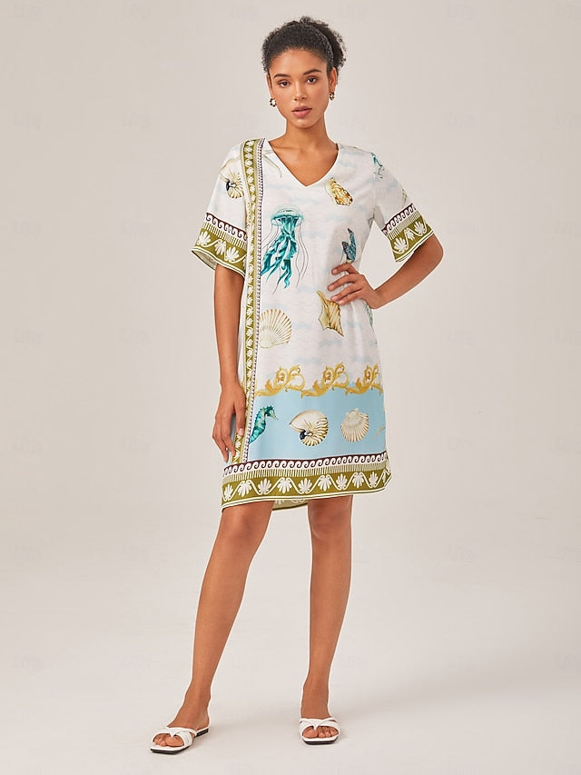 Resort-Style Ocean Print Straight-Cut Dress