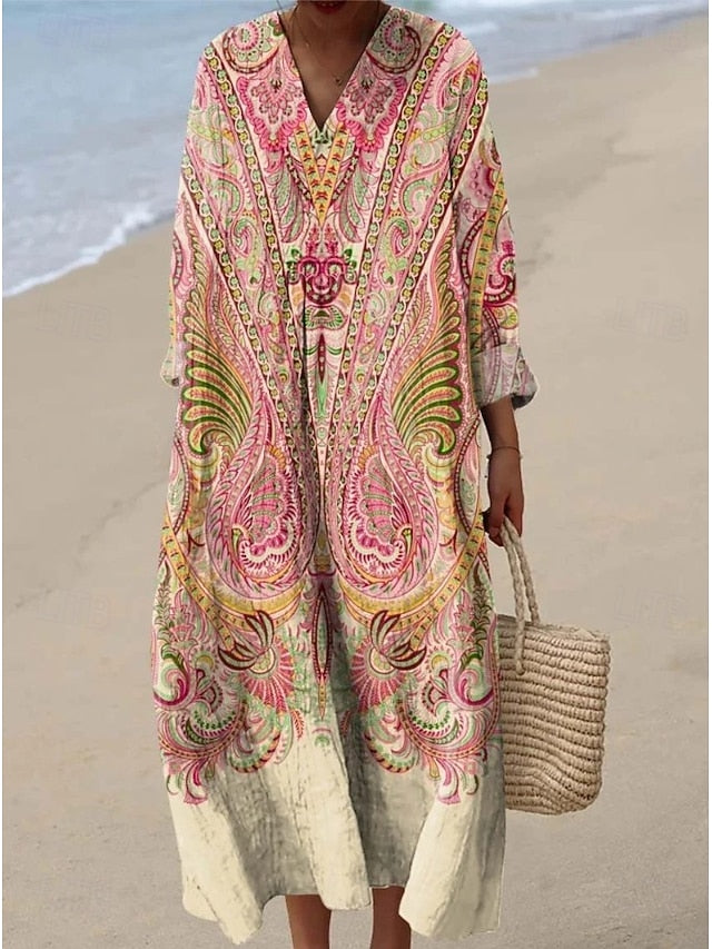 Women's Midi Dress V Neck Long Sleeve Kaftan Lightweight