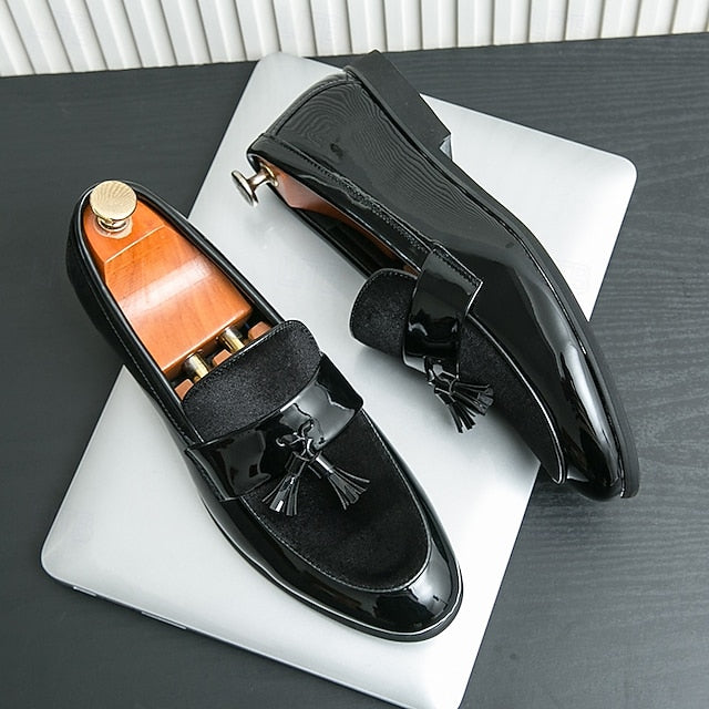 Black Tassel Leather Faux Men's Patent – Loafers Velvet