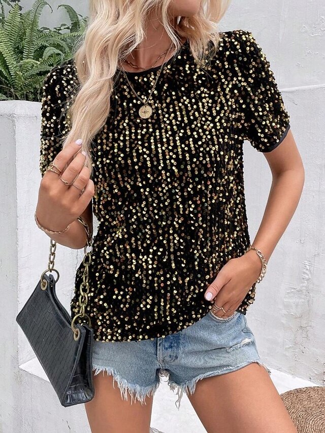 Women's Blouse Sequins Solid Color Stylish Casual Short