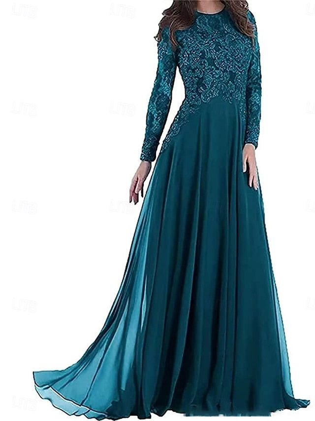 Neck Dress Crew A-Line of Floor Mother Party the Elegant Bride