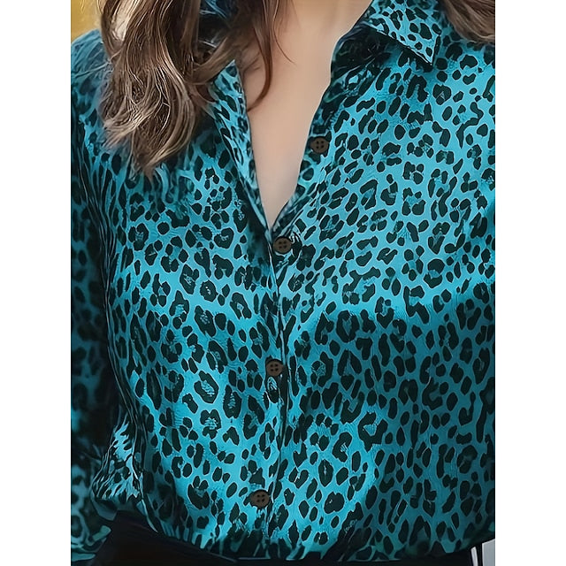 Women's Blouse Buttons Print Leopard Stylish Casual Long