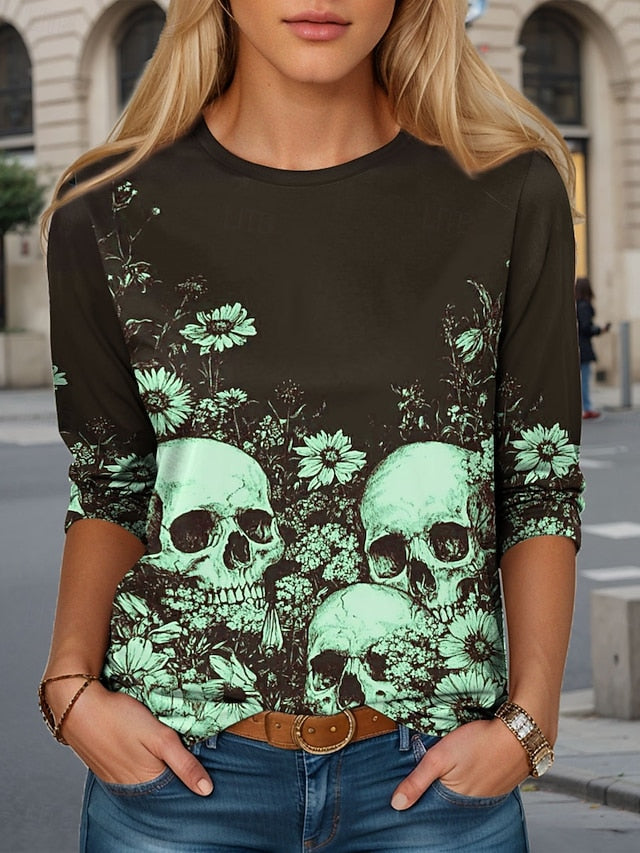 Women's T Shirt Skulls Crew Neck Long Sleeve Tunic Graphic
