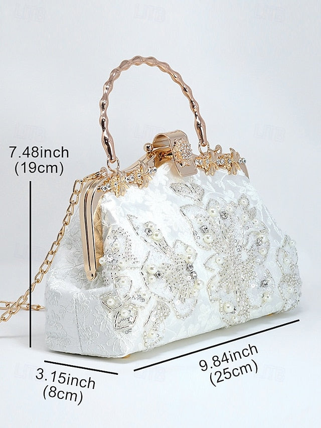 White Pearl Elegant Floral Lace with Handbag and Evening