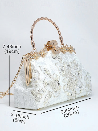 White Pearl Elegant Floral Lace with Handbag and Evening
