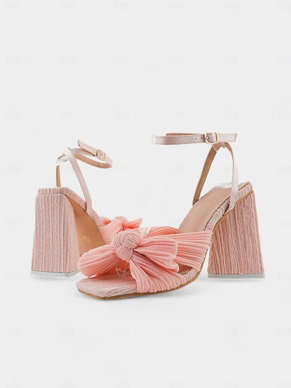 Rose Textured Detail with Heel Sandals and Knot Gold Block