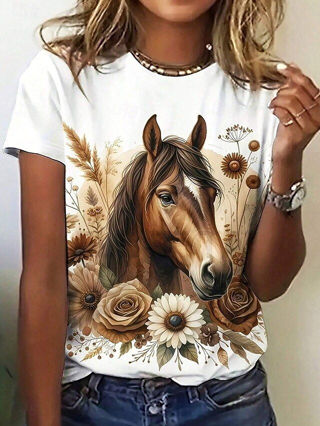 Women's T Shirt Print Graphic Horse Casual Short Sleeve