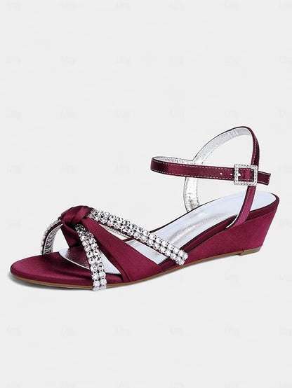 Satin Wedge Women's Sandals Knot Rhinestone Green