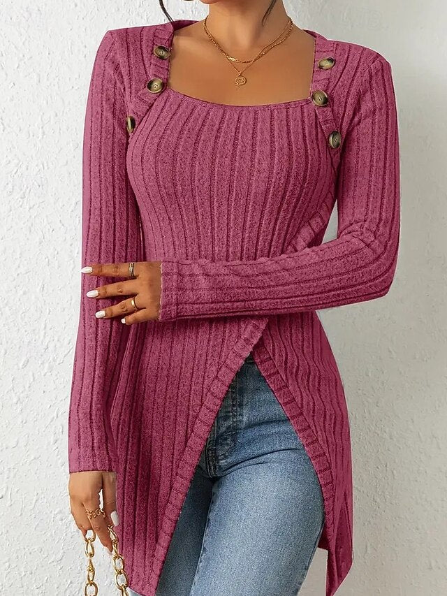 Women's T Shirt Tee Top Buttons Asymmetrical Solid Color