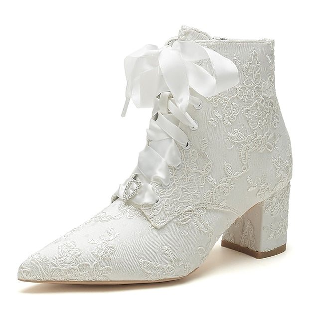 Women's White Floral Lace-Up Embroidered Booties Bridal –
