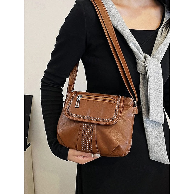 with Faux Bag Women's Leather Brown Crossbody Studded